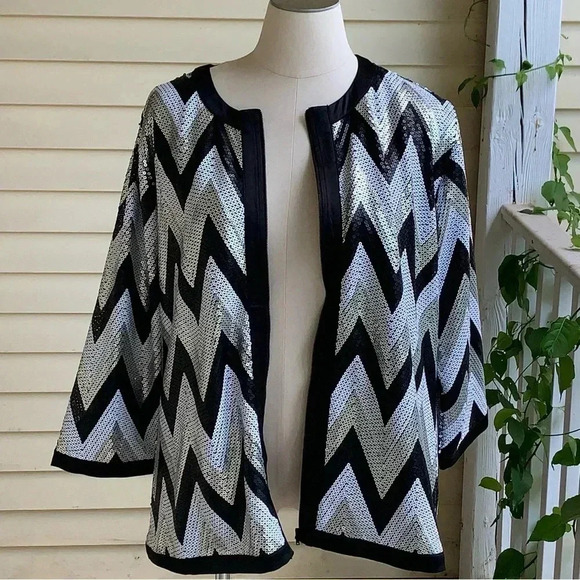 Michael Simon Chevron Sequin Evening Jacket Blazer Plus Sz 1X Gold Silver  Zip - Picture 2 of 8